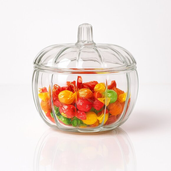 Elegant Clear Glass Pumpkin Jar with Lid – Fall Décor Candy Dish Centerpiece - Picture 2 of 4